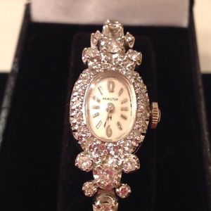 Diamond tennis watch by Hamilton Watches 14k Wt Gold with appraisal