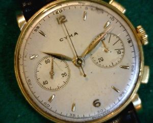 VINTAGE 18K SOLID GOLD LARGE CYMA CHRONOGRAPH with FABULOUS ORIGINAL DIAL !!!