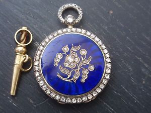 18k SOLID GOLD FRENCH BASSOT c1800 GUILLOCHE ENAMEL DIAMOND HUNTER POCKET WATCH