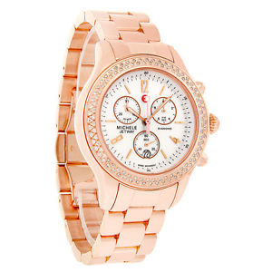 Michele Jetway Ladies Diamond Rose Gold Swiss Chronograph Watch MWW17A000012