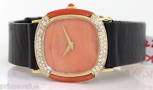 STUNNING 18K YELLOW GOLD MOVADO WATCH W/ CORAL AND DIAMONDS! ORIGINAL BAND! #U4
