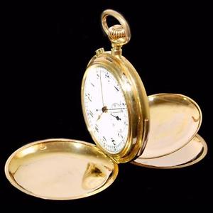 SWISS RARE MINUTE REPEATER & CHRONOGRAPH 18K SOLID GOLD FULL HUNTER POCKET WATCH