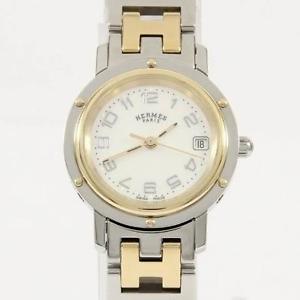 Authentic HERMES CL4.220 Clipper nacre Gold & Steel Quartz  #260-001-318-9303