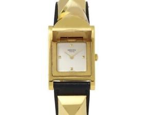 Pre-Owned HERMES Main Doll GP/ Black Leather White Dial Women's Wristwatch, MR