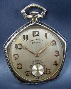 Antique Gruen Ultra Veri Thin Solid 18k White Gold Art Deco Pocket Watch 17J