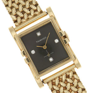 Vintage Tavannes 14k Solid Gold Watch Diamond Dial Rectangular