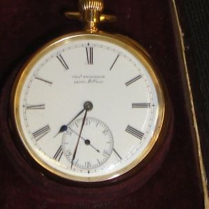 CHAS FRODSHAM 18K GOLD OPEN FACE STEM WIND, PIN SET, JEWELED MOVEMENT, c1860