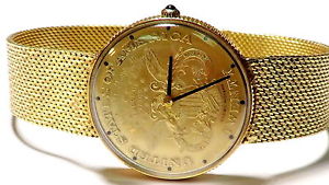 Vintage14k Solid Gold Lucien Piccard $20 Coin Watch,Solid 14k Gold Band 65 Grams