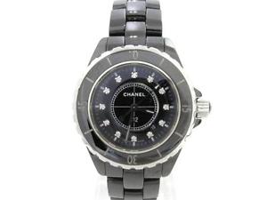 Auth CHANEL Stainless Steel Ceramic J12 Diamond Wristwatch H1625 Automatic Women