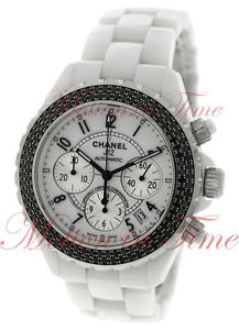 Chanel J12 41mm Chronograph Automatic White Dial Black Diamond Bezel H1664
