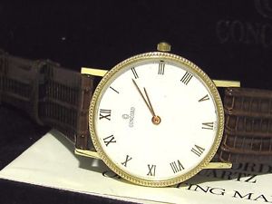 CONCORD GENEVE SWISS MADE WATCH QUARTZ THIN 14K SOLID GOLD CASE LEATHER