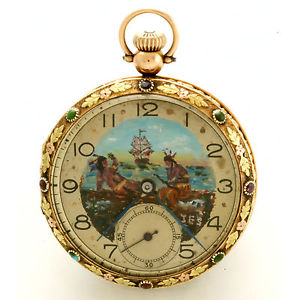18K Gold Case Inlayed with Stones Pocket Watch with Painted Native American Dial