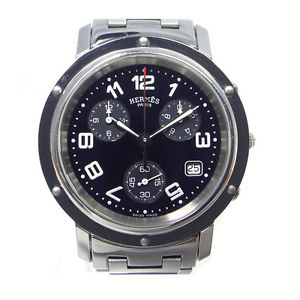 Pre-Owned HERMES Clipper Chronograph All SS Black Dial Men's Watch CL1.910, MR