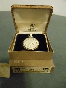 NOS-1925 14K GOLD 17J ELGIN CRUSADER 12S POCKET WATCH 921 W/6 ADJ- IN BOX UNUSED