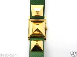 genuine HERMES Medoru GP green leather belt Ladies Quartz watch