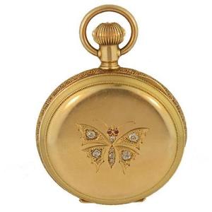 Antique Elgin 14K Yellow Gold Diamond Butterfly Hunter Pocket Watch Year 1893