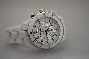 CHANEL J12 AUTOMATIC WATCH: WHITE CERAMIC CASE & BAND CHRONO W/ DATE 83017