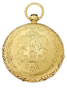 French Engraved 18k Yellow Gold Hunter Pocket Watch with chain and key