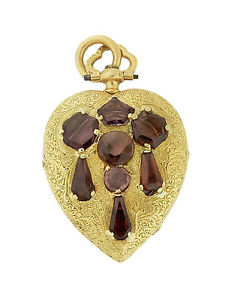 French 18k Yellow Gold & Garnet Heart Shaped Pendant Watch with Chain c. 1850s