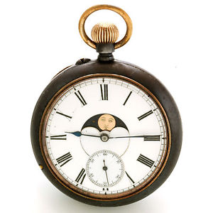 Rare Gun Metal Double Dial Moon Phase Calendar Pocket Watch