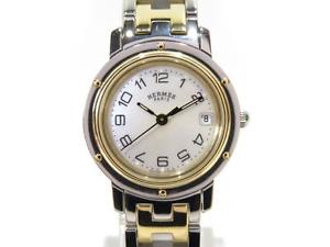 Auth HERMES 18K Yellow Gold Stainless Steel Clipper Nacre Wrsitwatch CL4.220