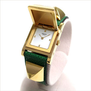Pre-Owned HERMES Medoru Gold Case Green Leather White Dial Women's Wristwatch,MR