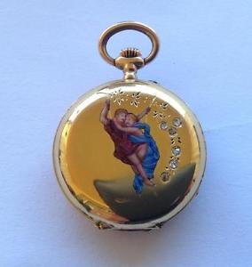 ANTIQUE POCKET WATCHE ENAMEL & DIAMONDS REMONTOIR CYLINDRE, 10 RUBIS, 18K GOLD