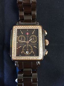 NEW Michele Chocolate Brown Deco Diamond  Ceramic Rose Gold Watch MWW06F000016