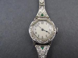Vintage Art Deco 14k Solid Gold Platinum Diamond And Emerald Ladies Watch 1920s