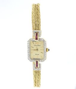 0.60 CT Vintage Lucien Piccard Diamond & Ruby Ladies Watch Solid 14 KT Yellow G