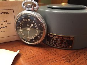 1943 Elgin GCT 22j WWII BW Raymond Pocket Watch Air Mans 24 HR Original Box Mint