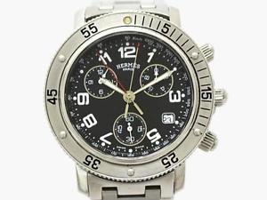 Auth HERMES Clipper Diver Chronograph Watch Stainless steel Black Dial Men