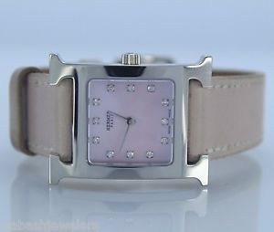 Ladies Hermes Stainless Steel HHI.210 Diamond Pink Mother Of Pearl Leather Watch