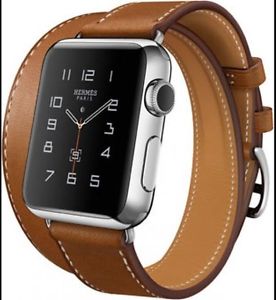 Brand New Sealed Auth Hermes Apple iWatch 38 mm SS Double Tour Fauve Barenia