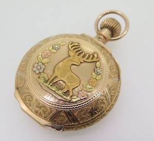 RARE c.1900 WALTHAM 14k TRI GOLD GNTS STAGS HEAD POCKET WATCH GRADE 87 SIZE 18s