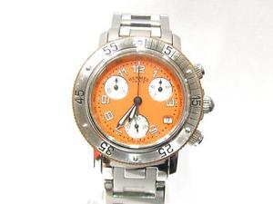 Auth HERMES Clipper Chrono Watch Stainless Steel Orange Dial Women Quartz