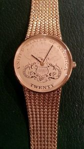 VINTAGE GOLD PLATED KOLBER GENEVE DOUBLE EAGLE COIN MEN'S WATCH