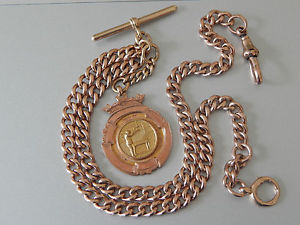 Antique Fully Hallmarked 9ct Solid Gold Curb Watch Chain and 9ct Gold Medal Fob
