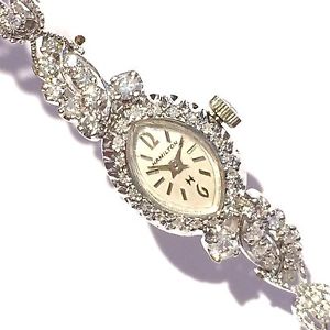 Hamilton Antique Solid 14K White Gold Diamond Vintage Ladies Cocktail Watch n88