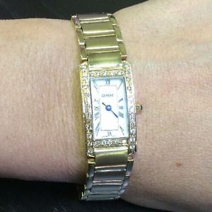 9k Yellow Solid Gold Geneve Tank Style Diamond Bezel Ladies Watch