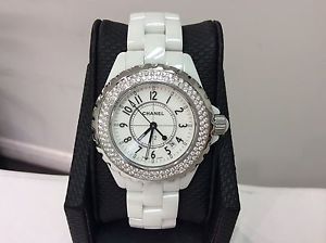 CHANEL Ref. H0967 J12 White Ceramic 33mm Quartz w/ Factory Diamond Bezel! BEAUTY