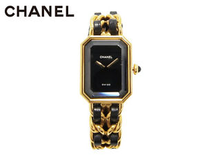 CHANEL Premiere S Size Vintage Ladies Leather Quartz Black Gold GP Good #0310
