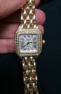 14k Yellow Gold Swiss Geneve Panther 2 Row Diamond Bezel Ladies Watch