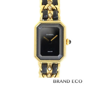 Auth CHANEL premiere ladies watch Quartz Black Letter Edition L size black go...