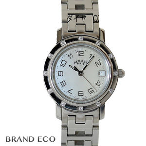 Auth HERMES Clipper nacre PM QZ 12 DIA bezel ladies watch CL4.230 shell dial