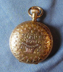 1884  2 Tone 14K Hunting Illinos Pocket Watch, With Basket Flowers & Diamonds