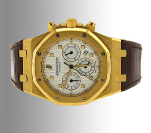 Audemars Piguet 18K Yellow gold Royal Oak Chronograph mens Watch leather