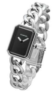 CHANEL Premiere Square Chain Ladies Quartz Black Silver SS Onyx Excellent #0316