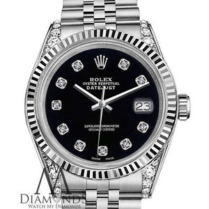 Ladies Rolex 31mm Datejust Black Color Dial with 8 + 2 Diamond Accent Watch