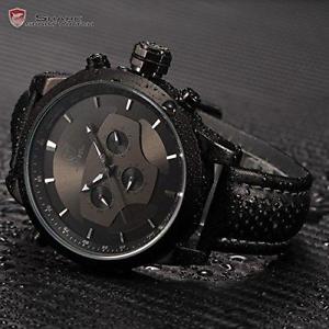 Black Requiem Shark Series Dual Time Zone Analog Date Day Mens Leather Strap Sp